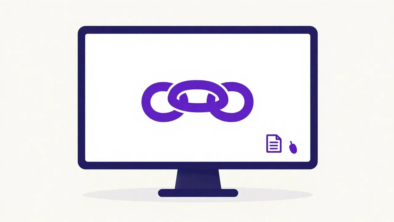 Desktop monitor: chain-link and sharing icons.