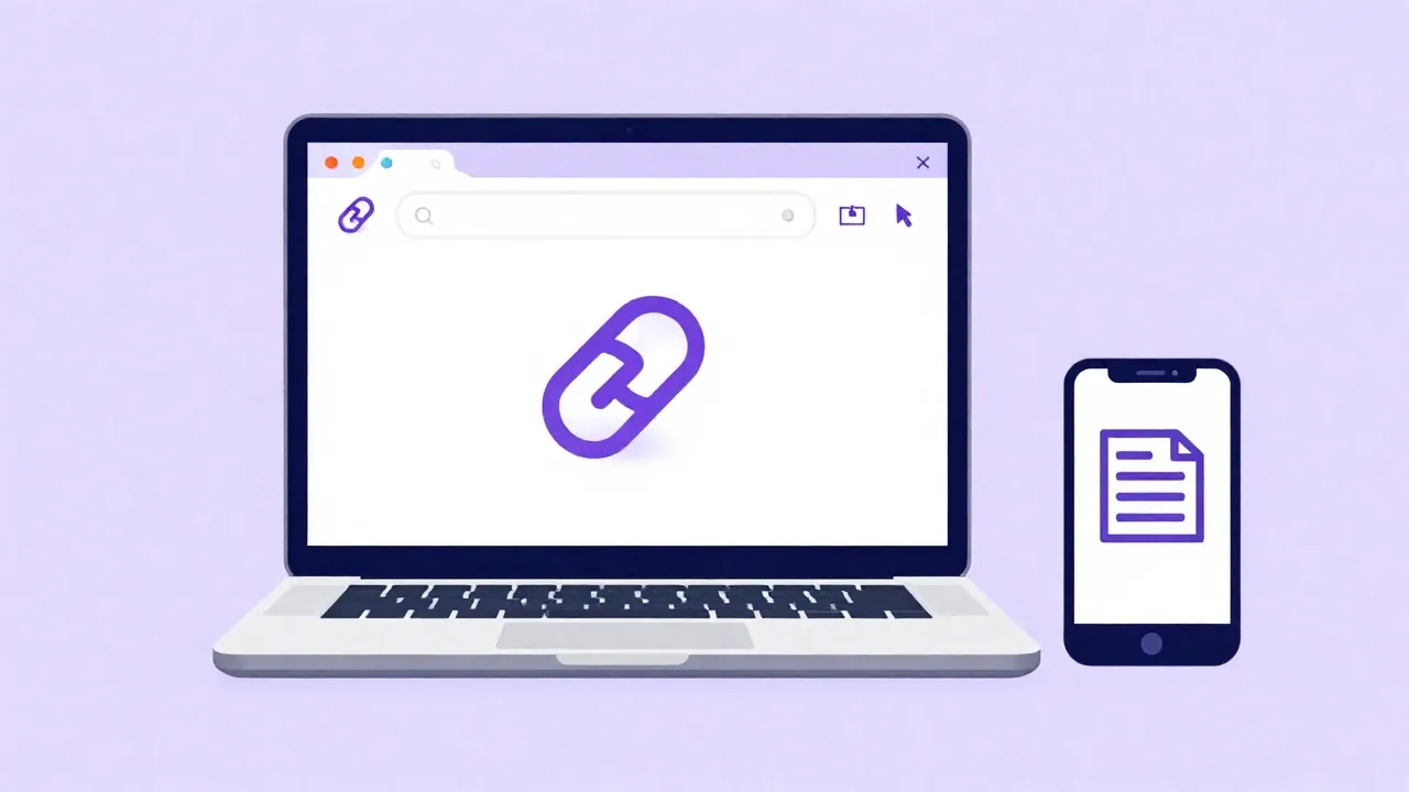 Laptop: chain-link and sharing icons.