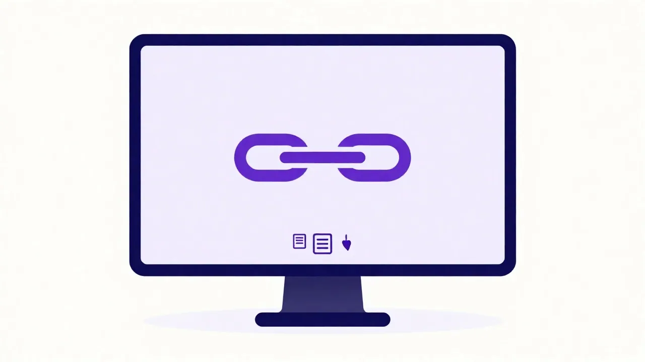 Desktop monitor: chain-link and sharing icons.