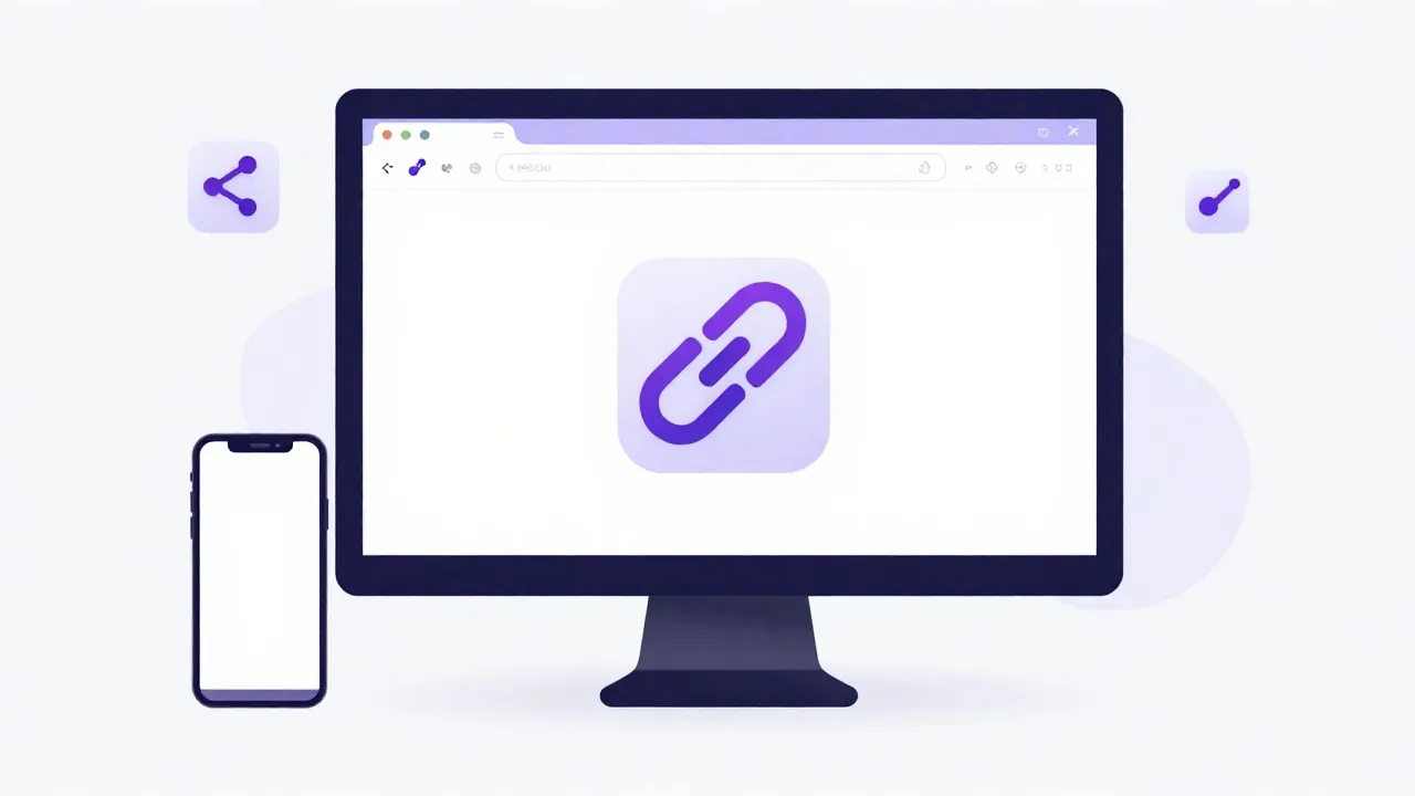 Desktop monitor: chain-link and sharing icons.