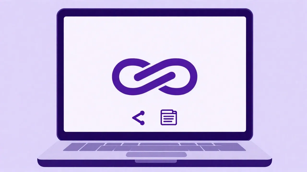 Laptop: chain-link and sharing icons.