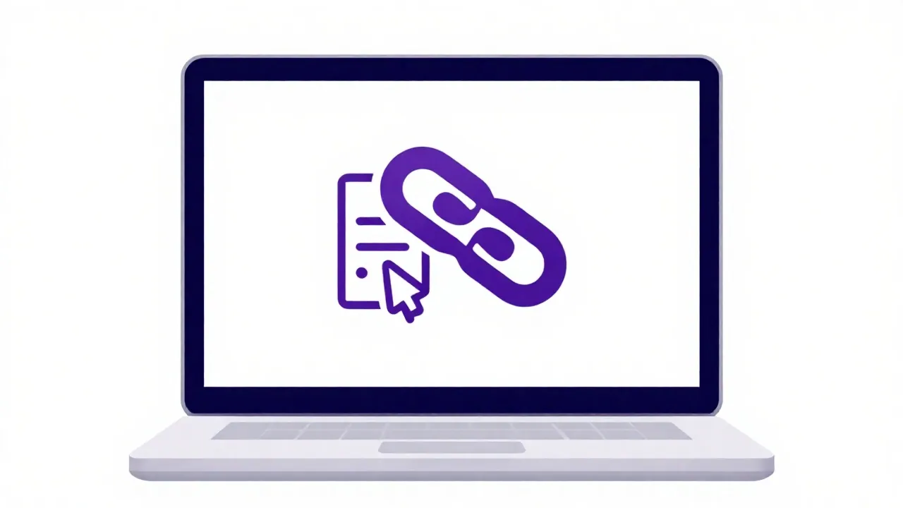 Laptop: chain-link and sharing icons.