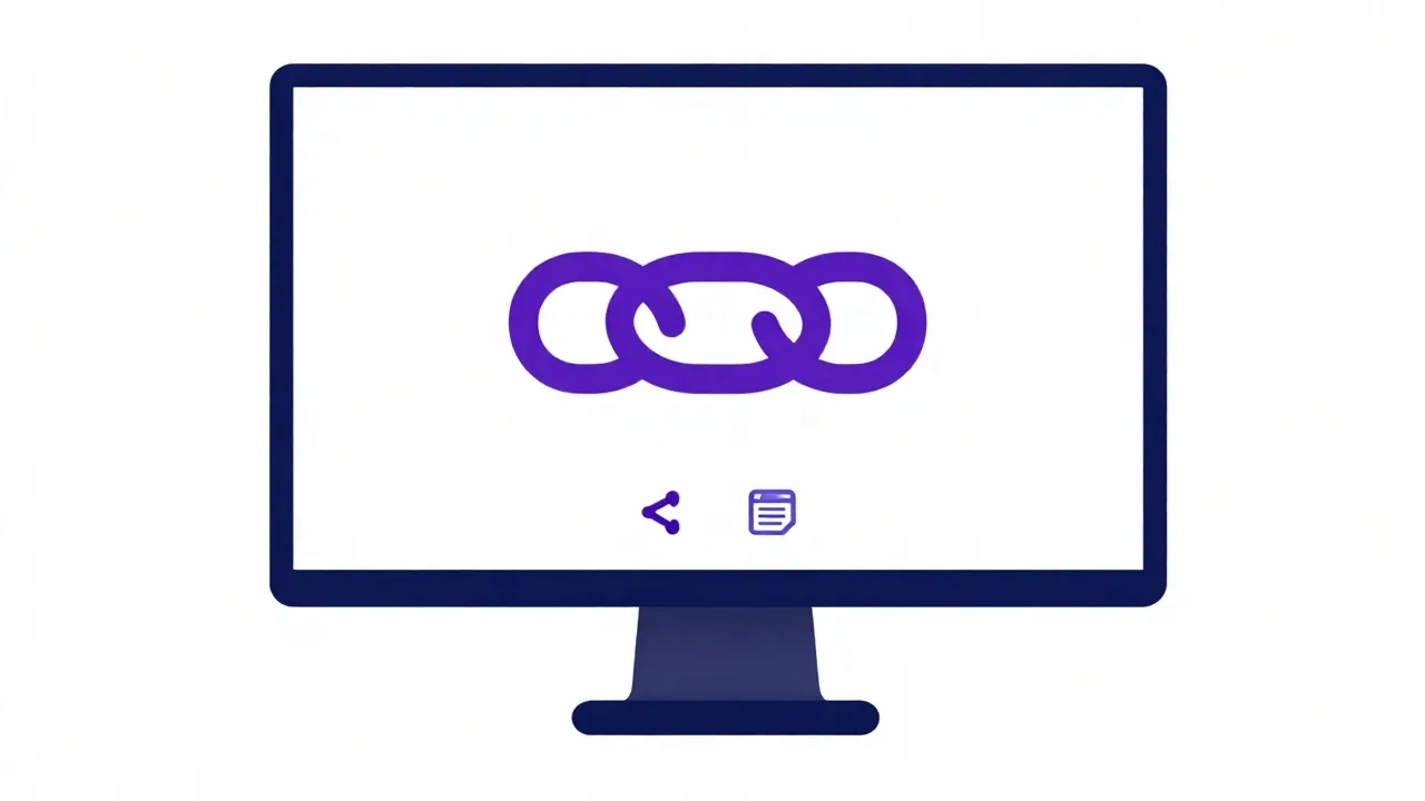 Desktop monitor: chain-link and sharing icons.